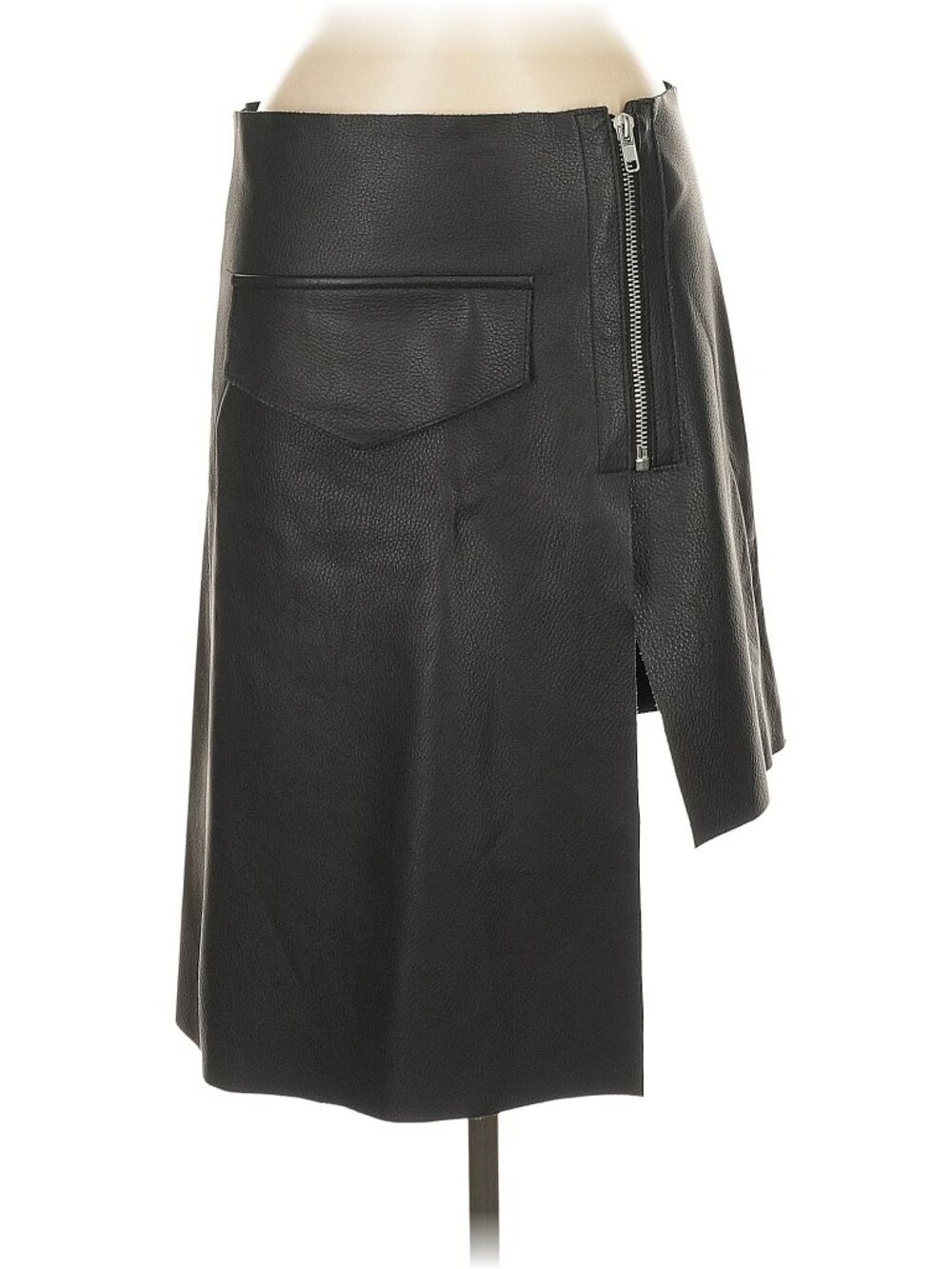 New! Black Genuine Leather Knee Length Symmetrical Skirt, Sz. M